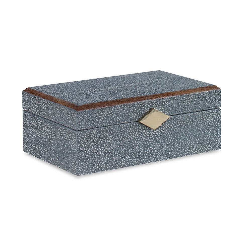 Maxine Box, Light Gray QR-20670.LTGRAY.0 by CuratedKravet CuratedKravet A decorative faux shagreen lidded box detailed with wood trim on the lid and a brass diamond accent. Vietnam </p><p>Dimensions: Length 9.5, Height 3.5, Width 6 - Fabric Carolina -