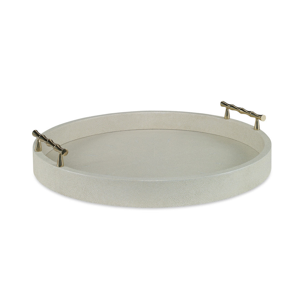 Hunt Tray, Small Ivory QR-20671.IVORY.0 by CuratedKravet CuratedKravet A small round faux shagreen tray detailed with brass bamboo-like handles. Vietnam </p><p>Dimensions: Length 16, Height 3, Width 16 - Fabric Carolina -