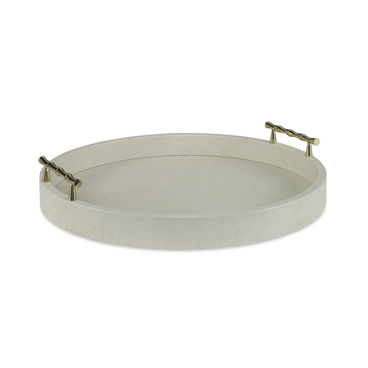 Hunt Tray, Small Ivory QR-20671.IVORY.0 by CuratedKravet CuratedKravet A small round faux shagreen tray detailed with brass bamboo-like handles. Vietnam </p><p>Dimensions: Length 16, Height 3, Width 16 - Fabric Carolina -