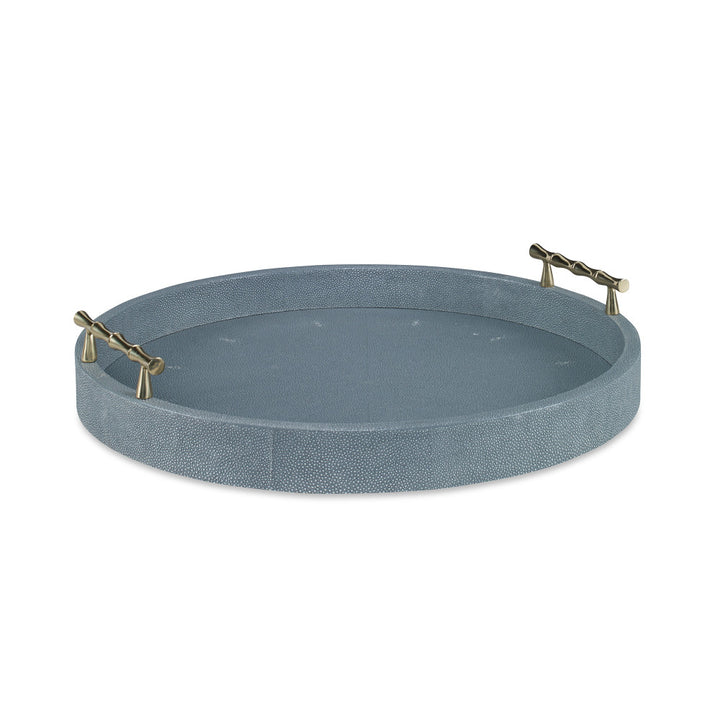 Hunt Tray, Small Light Gray QR-20671.LTGRAY.0 by CuratedKravet CuratedKravet A small round faux shagreen tray detailed with brass bamboo-like handles. Vietnam </p><p>Dimensions: Length 16, Height 3, Width 16 - Fabric Carolina -