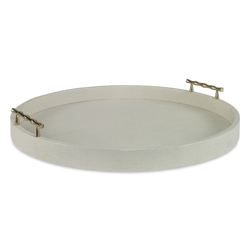 Hunt Tray, Large Ivory QR-20672.IVORY.0 by CuratedKravet CuratedKravet A large round faux shagreen tray detailed with brass bamboo-like handles. Vietnam </p><p>Dimensions: Length 20, Height 3, Width 20 - Fabric Carolina -