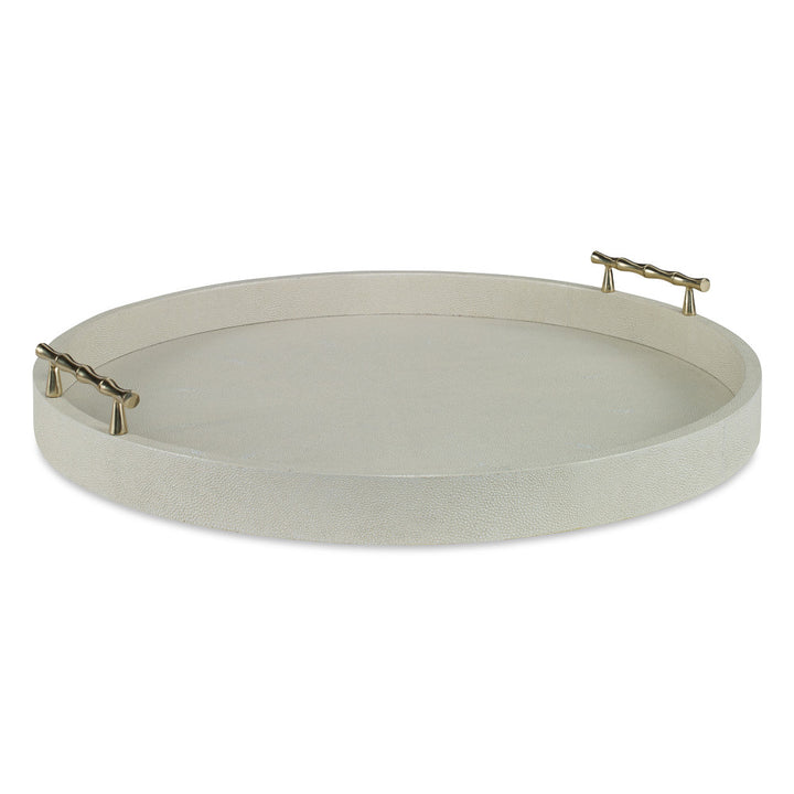 Hunt Tray, Large Ivory QR-20672.IVORY.0 by CuratedKravet CuratedKravet A large round faux shagreen tray detailed with brass bamboo-like handles. Vietnam </p><p>Dimensions: Length 20, Height 3, Width 20 - Fabric Carolina -