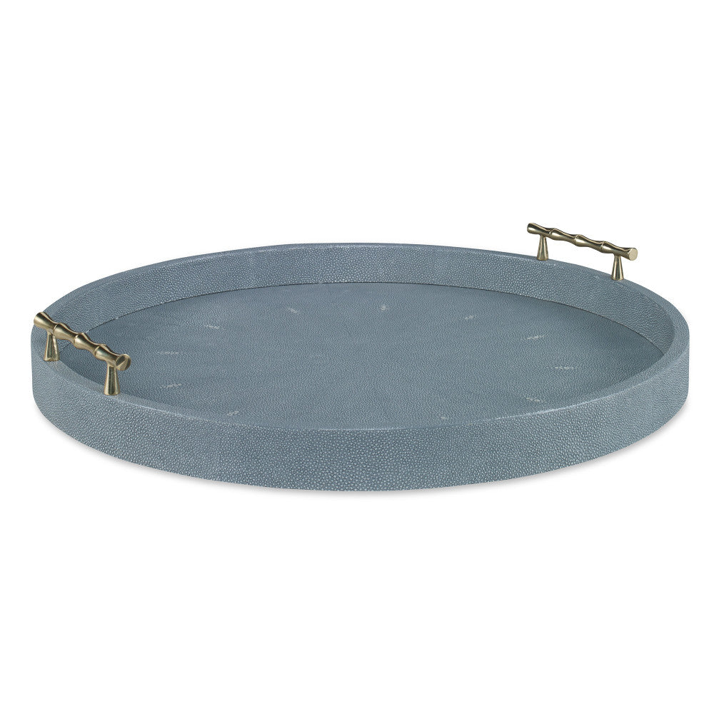 Hunt Tray, Large Light Gray QR-20672.LTGRAY.0 by CuratedKravet CuratedKravet A large round faux shagreen tray detailed with brass bamboo-like handles. Vietnam </p><p>Dimensions: Length 20, Height 3, Width 20 - Fabric Carolina -