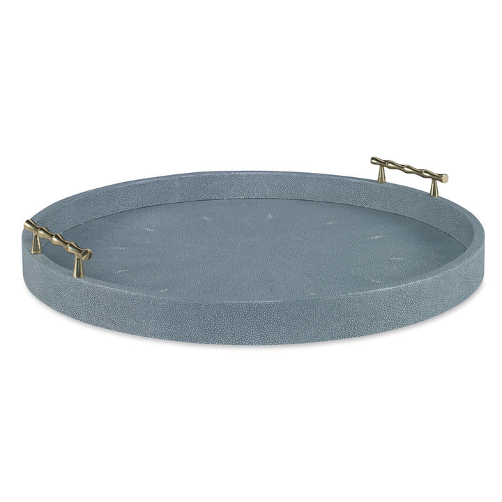 Hunt Tray, Large Light Gray QR-20672.LTGRAY.0 by CuratedKravet CuratedKravet A large round faux shagreen tray detailed with brass bamboo-like handles. Vietnam </p><p>Dimensions: Length 20, Height 3, Width 20 - Fabric Carolina -