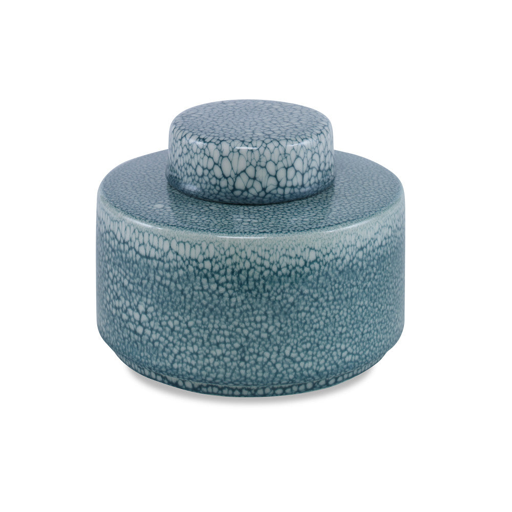 Hiller Lidded Jar, Small QR-20675.SEAFOAM.0 by CuratedKravet CuratedKravet A small lidded earthenware ceramic jar featuring a seafoam reactive glaze. Due to the handmade nature of this product, glaze variation is to be expected. Portugal </p><p>Dimensions: Length 6.75, Height 5, Width 6.75 - Fabric Carolina -