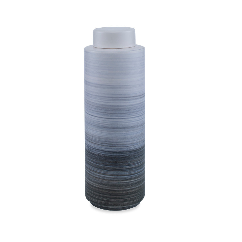 Willa Lidded Jar, Large QR-20676.BURNTASH.0 by CuratedKravet CuratedKravet A large lidded earthenware ceramic jar featuring a handpainted ombre finish in tones from white to dark gray. Portugal </p><p>Dimensions: Length 4.25, Height 13.5, Width 4.25 Ceramic - 100% - Fabric Carolina -