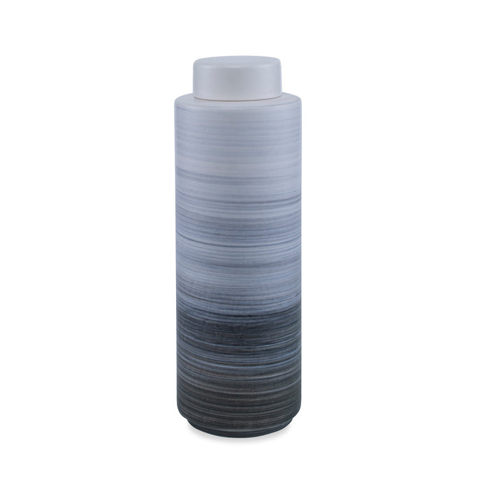 Willa Lidded Jar, Large QR-20676.BURNTASH.0 by CuratedKravet CuratedKravet A large lidded earthenware ceramic jar featuring a handpainted ombre finish in tones from white to dark gray. Portugal </p><p>Dimensions: Length 4.25, Height 13.5, Width 4.25 Ceramic - 100% - Fabric Carolina -