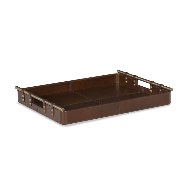 Lewis Tray QR-20710.BROWN.0 by CuratedKravet CuratedKravet A brown leather tray detailed with brass rod handles. India DUST LIGHTLY WITH A SOFT, DRY CLOTH. </p><p>Dimensions: Length 19, Height 2, Width 15 Leather - 40%, Mdf - 40%, Metal - 15%, Suede - 5% - Fabric Carolina -