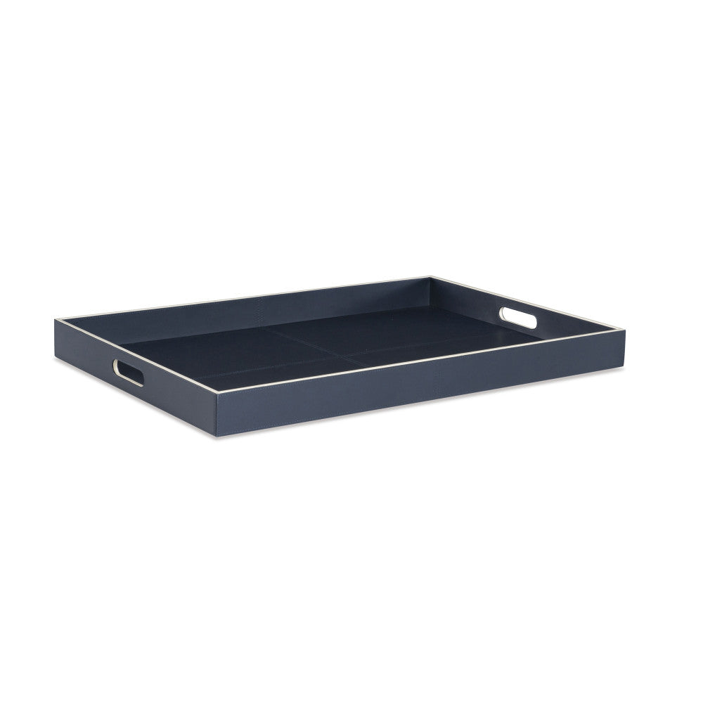 Mayfield Tray QR-20711.NAVY.0 by CuratedKravet CuratedKravet An oversized navy leather tray detailed with contrasting ivory details. India DUST LIGHTLY WITH A SOFT, DRY CLOTH. </p><p>Dimensions: Length 30, Height 2.5, Width 20 Leather - 45%, Mdf - 45%, Suede - 10% - Fabric Carolina -