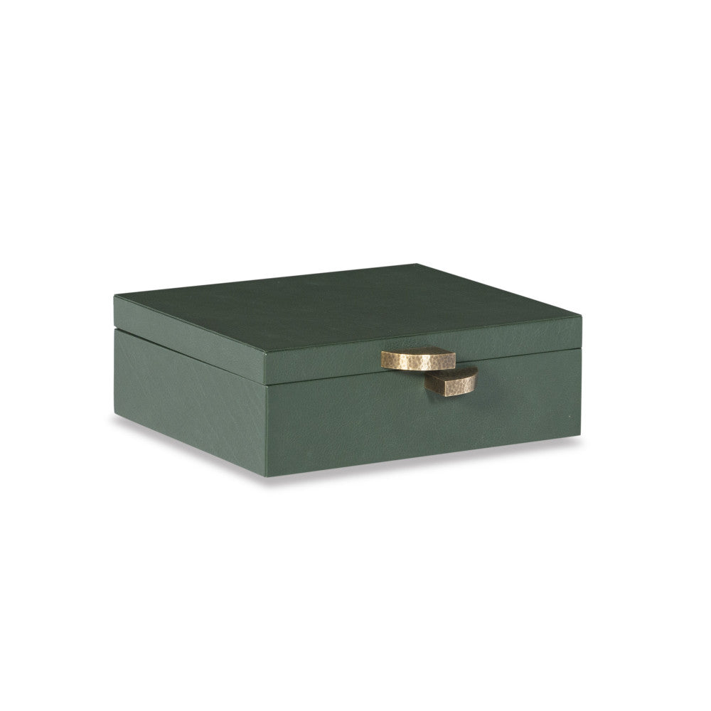 Quinn Box QR-20716.GREEN.0 by CuratedKravet CuratedKravet A dark green hinged leather box with a suede interior. India DUST LIGHTLY WITH A SOFT, DRY CLOTH. </p><p>Dimensions: Length 12, Height 4, Width 10 Leather - 40%, Mdf - 40%, Suede - 15%, Metal - 5% - Fabric Carolina -