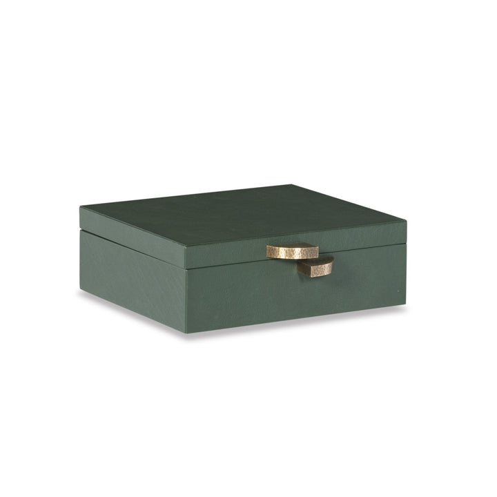 Quinn Box QR-20716.GREEN.0 by CuratedKravet CuratedKravet A dark green hinged leather box with a suede interior. India DUST LIGHTLY WITH A SOFT, DRY CLOTH. </p><p>Dimensions: Length 12, Height 4, Width 10 Leather - 40%, Mdf - 40%, Suede - 15%, Metal - 5% - Fabric Carolina -