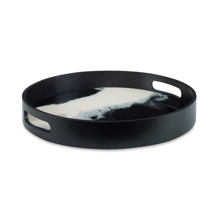 Norterra Tray QR-20802.BLKMULT.0 by CuratedKravet CuratedKravet A decorative resin swirl tray. Due to the unique resin combination process, each tray will have differing black and white resin swirls. The black frame is detailed with two cut-out handles. Indonesia </p><p>Dimensions: Length 16.25, Height 2.5, Width 16.25 - Fabric Carolina -