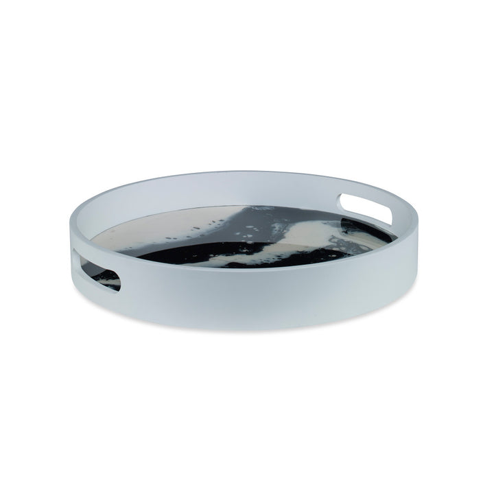 Mueller Tray QR-20803.GRAYMULT.0 by CuratedKravet CuratedKravet A decorative resin swirl tray. Due to the unique resin combination process, each tray will have differing gray and white resin swirls. The white frame is detailed with two cut-out handles. Indonesia </p><p>Dimensions: Length 16.25, Height 2.5, Width 16.25 - Fabric Carolina -