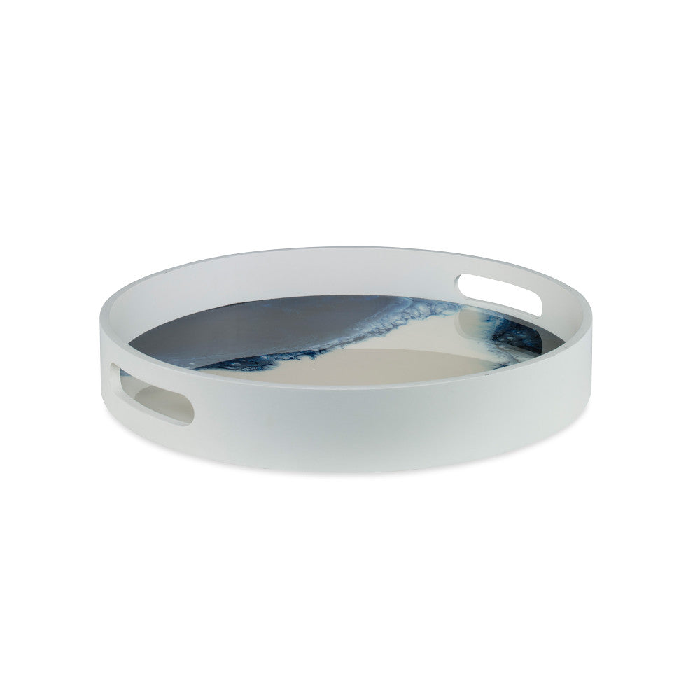 Barton Tray QR-20811.BLUWHT.0 by CuratedKravet CuratedKravet A decorative resin swirl tray. Due to the unique resin combination process, each tray will have differing blue and white resin swirls. The white frame is detailed with two cut-out handles. Indonesia </p><p>Dimensions: Length 16.25, Height 2.5, Width 16.25 - Fabric Carolina -