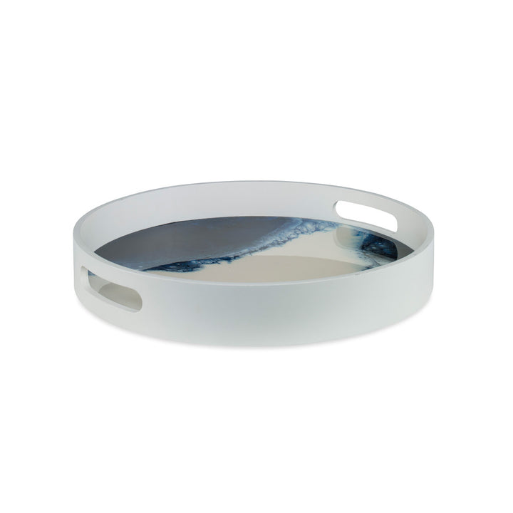 Barton Tray QR-20811.BLUWHT.0 by CuratedKravet CuratedKravet A decorative resin swirl tray. Due to the unique resin combination process, each tray will have differing blue and white resin swirls. The white frame is detailed with two cut-out handles. Indonesia </p><p>Dimensions: Length 16.25, Height 2.5, Width 16.25 - Fabric Carolina -
