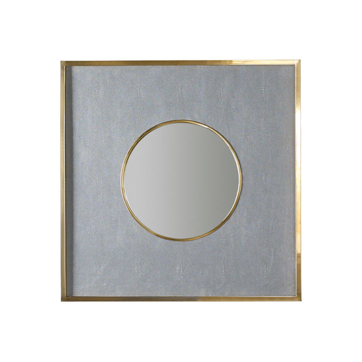 Morrison Mirror QR-20833.GRAYBLU.0 by CuratedKravet CuratedKravet A square mirror with a gray-blue faux shagreen finish that frames a 9" round mirror, featuring a gold accent trim and d-loop hanging hardware. China DAMP CLOTH, MILD SOAP. HANDLE WITH CARE. </p><p>Dimensions: Length 36, Height 36, Width 2 Mdf - 50%, Shagreen - 35%, Glass - 15% - Fabric Carolina -