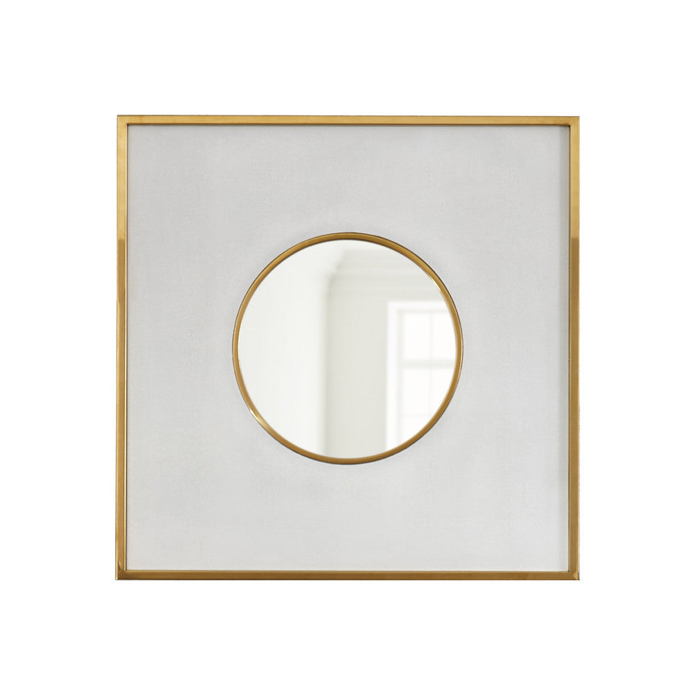 Morrison Mirror QR-20833.IVORY.0 by CuratedKravet CuratedKravet A square mirror with an ivory faux shagreen finish that frames a 9" round mirror, featuring a gold accent trim and d-loop hanging hardware. China DUST LIGHTLY WITH A SOFT, DRY CLOTH. </p><p>Dimensions: Length 36, Height 36, Width 2 Mdf - 50%, Shagreen - 35%, Glass - 15% - Fabric Carolina -