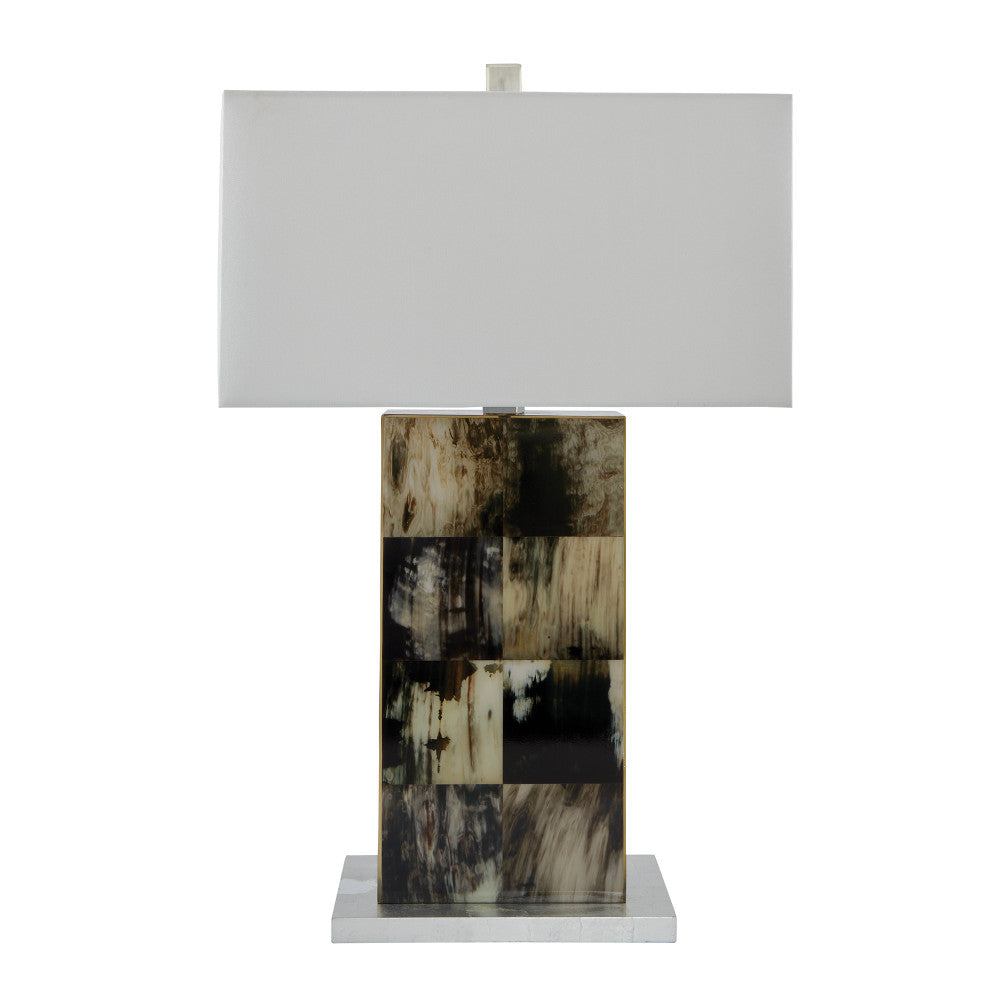 Epstein Table Lamp QR-20834.BLKSLVR.0 by CuratedKravet CuratedKravet A lacquer table lamp featuring a faux horn finish, mounted on a lacquer silver leaf base. Topped with an off white linen shade. Vietnam Dust lightly with a soft, dry cloth. </p><p>Dimensions: Length 18, Height 27.5, Width 10 Mdf - 60%, Linen - 30%, Metal - 10% - Fabric Carolina -