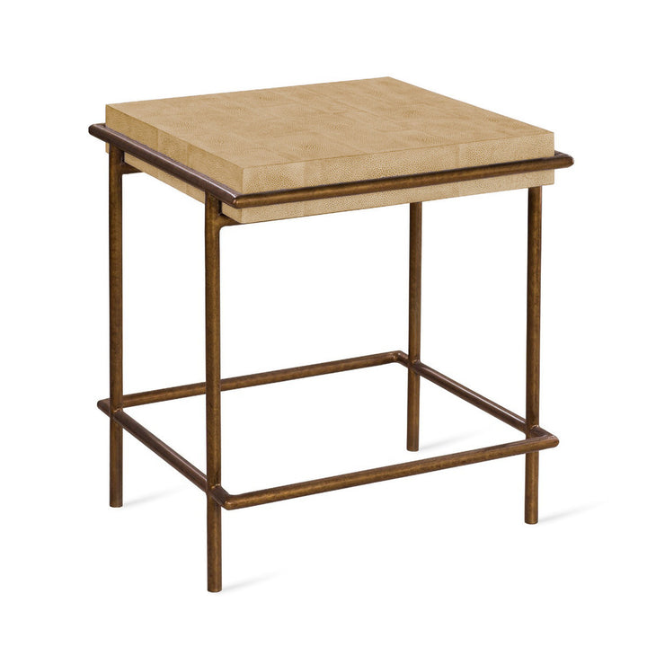 Watkins Side Table QR-20851.ANTBRASS.0 by CuratedKravet CuratedKravet An antique brass metal side table with an aged whitewashed faux shagreen top. Philippines DUST LIGHTLY WITH A SOFT, DRY CLOTH. </p><p>Dimensions: Length 24, Height 24, Width 20 - Fabric Carolina -