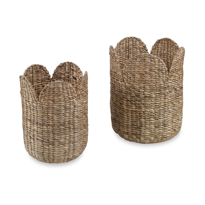 Breanne Baskets, Set Of 2 QR-20877.NATURAL.0 by CuratedKravet CuratedKravet A set of two round baskets with scalloped tops. Size, shape and color may vary slightly due to the handmade nature of this product. Small: 12.25"L x 12.25"W x 15.75"H; Large: 14.5"L x 14.5"W x 18"H Indonesia </p><p>Dimensions: Length , Height , Width Water Hyacinth - 90%, Iron - 10% - Fabric Carolina -
