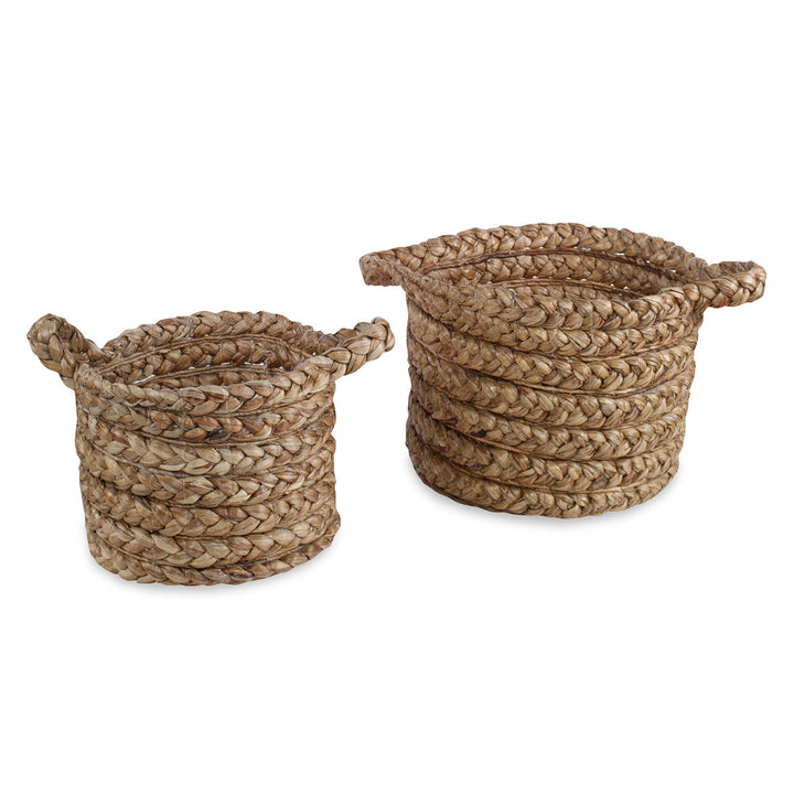 Moore Baskets, Set Of 2 QR-20880.NATURAL.0 by CuratedKravet CuratedKravet A set of 2 baskets made of braided natural water hyacinth. Features two handles. Size, shape and color may vary slightly due to the handmade nature of this product. Small: 13.25"L x 13.25"W x 13.75"H; Large: 18"L x 18"W x 16.25"H Indonesia </p><p>Dimensions: Length , Height , Width Water Hyacinth - 100% - Fabric Carolina -
