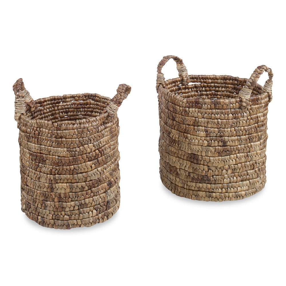 Watters Baskets, Set Of 2 QR-20883.NATURAL.0 by CuratedKravet CuratedKravet A set of two round baskets with handles. Size, shape and color may vary slightly due to the handmade nature of this product. Small: 13.75"L x 13.75"W x 14.5"H (18.5"H with handles); Large: 15.25"L x 15.25"W x 15.25"H (19.25"H with handles) Indonesia </p><p>Dimensions: Length , Height , Width Water Hyacinth - 100% - Fabric Carolina -