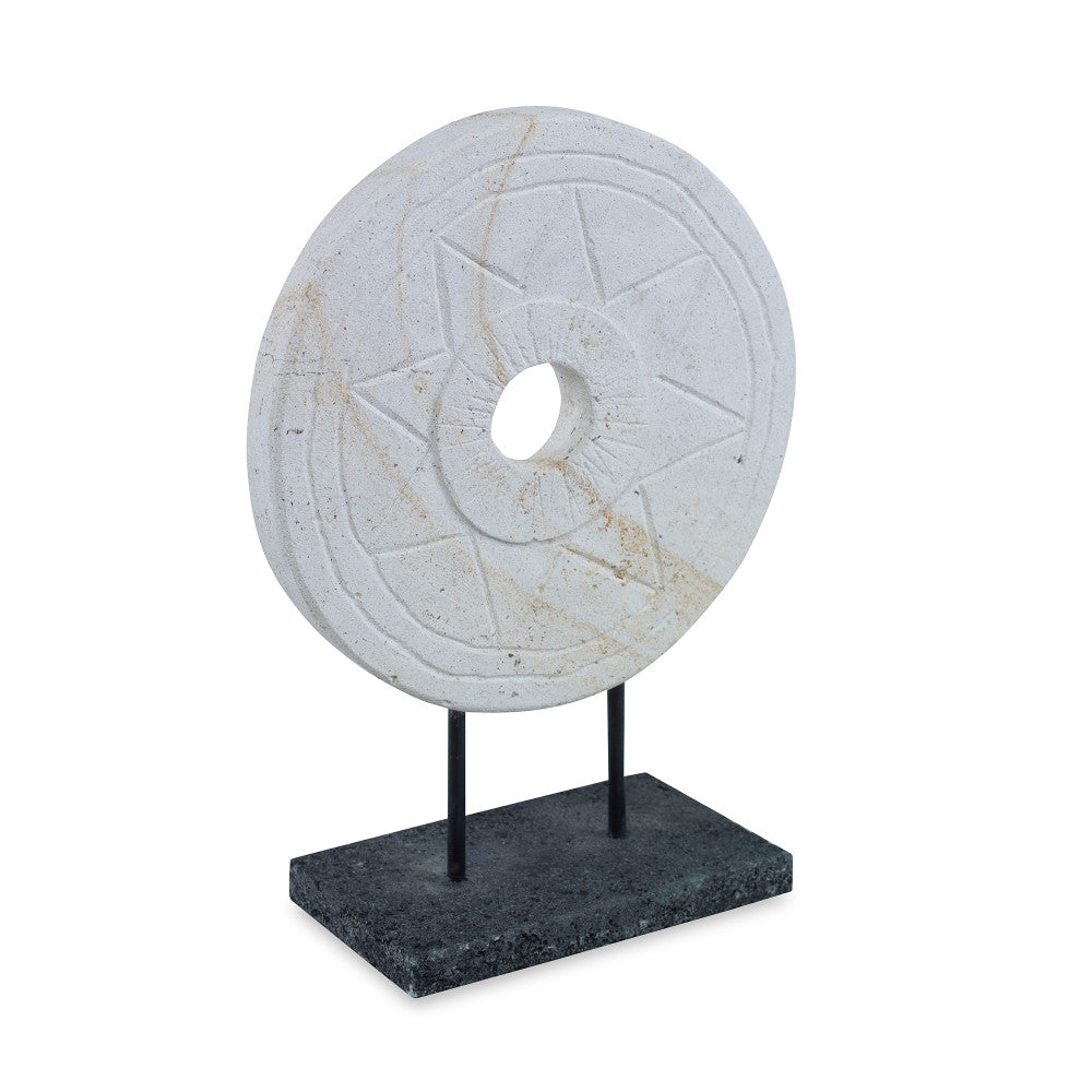 Nelson Sculpture QR-20889.WHTBLK.0 by CuratedKravet CuratedKravet A decorative stone disc sculpture mounted on a black iron stand. Due to the hand crafted nature of this item, variation in size, shape and color may vary slightly. Indonesia </p><p>Dimensions: Length 7.75, Height 11, Width 4 Stone - 95%, Iron - 5% - Fabric Carolina -