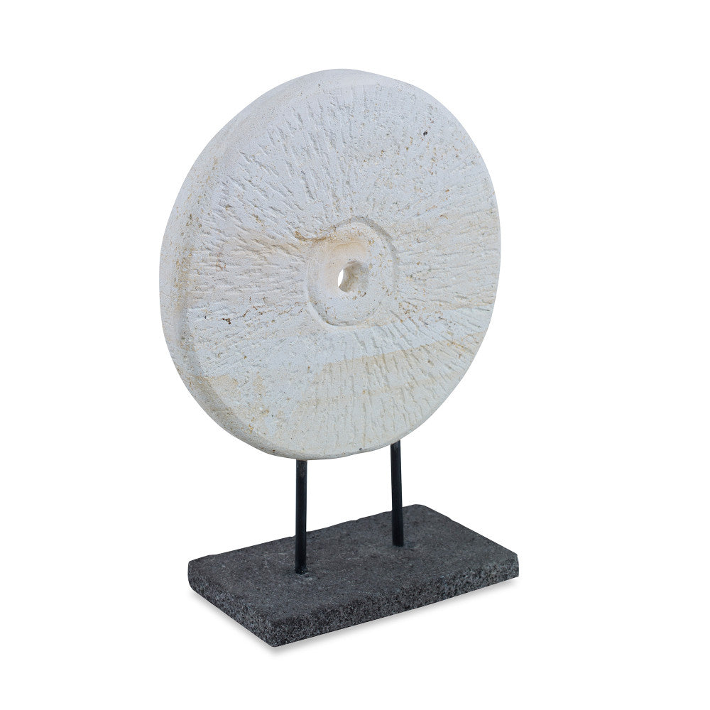 Rossland Sculpture QR-20890.WHTBLK.0 by CuratedKravet CuratedKravet A decorative stone disc sculpture mounted on a black iron stand. Due to the hand crafted nature of this item, variation in size, shape and color may vary slightly. Indonesia </p><p>Dimensions: Length 7.75, Height 11, Width 4 Stone - 95%, Iron - 5% - Fabric Carolina -