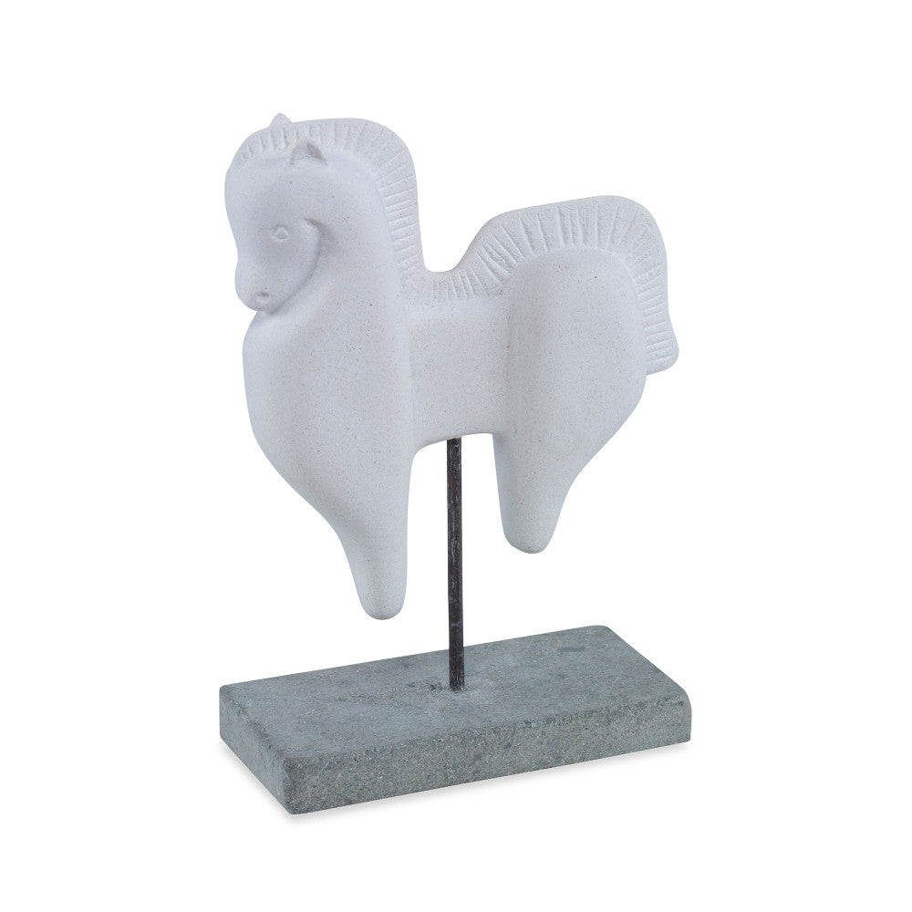 Kelowna Sculpture QR-20891.WHITE.0 by CuratedKravet CuratedKravet A decorative stone horse sculpture mounted on a black iron stand. Due to the hand crafted nature of this item, variation in size, shape and color may vary slightly. Indonesia </p><p>Dimensions: Length 6.25, Height 9, Width 3.25 Stone - 95%, Iron - 5% - Fabric Carolina -