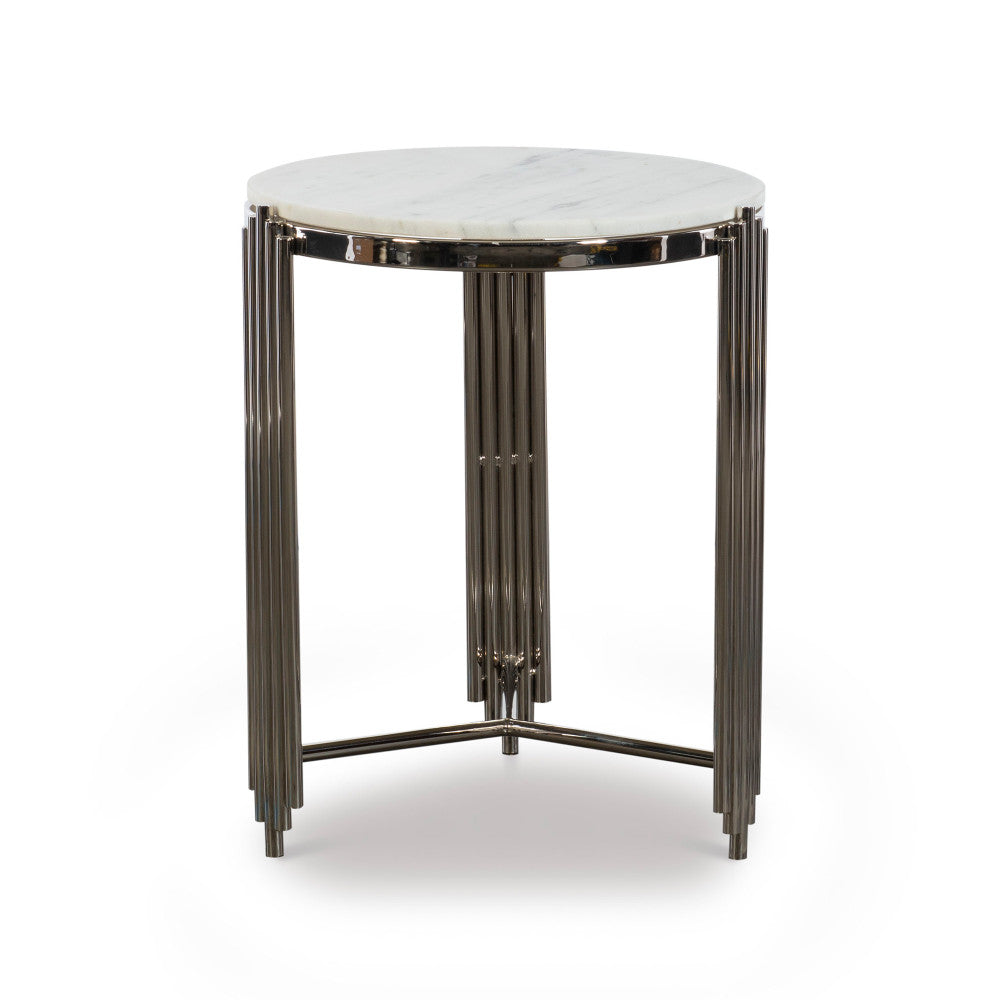 Alexandria Side Table, Nickel QR-20959.WHTNCKL.0 by CuratedKravet CuratedKravet A side table detailed with art deco inspired metal legs, topped with white marble. Due to the natural material, variation is to be expected in marble veining and coloring. India </p><p>Dimensions: Length 18.5, Height 23, Width 18.5 - Fabric Carolina -