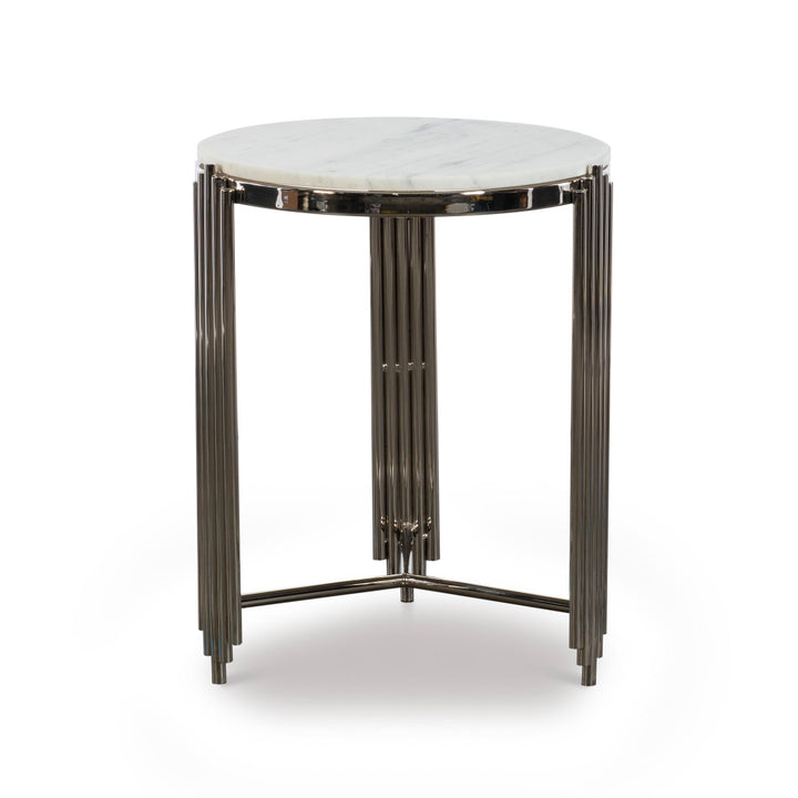 Alexandria Side Table, Nickel QR-20959.WHTNCKL.0 by CuratedKravet CuratedKravet A side table detailed with art deco inspired metal legs, topped with white marble. Due to the natural material, variation is to be expected in marble veining and coloring. India </p><p>Dimensions: Length 18.5, Height 23, Width 18.5 - Fabric Carolina -