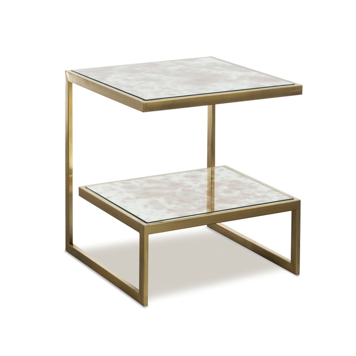 Waylan Side Table QR-20962.BRASS.0 by CuratedKravet CuratedKravet A brass multi-level side table featuring an antique mirrored top and shelf. India </p><p>Dimensions: Length 18, Height 20.25, Width 18 - Fabric Carolina -