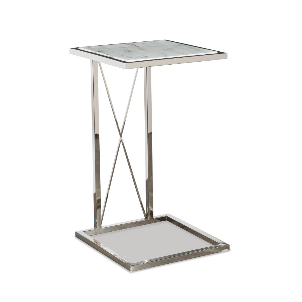 Lois Side Table QR-20963.WHTNCKL.0 by CuratedKravet CuratedKravet A C-shaped side table in nickel featuring a white marble top. Due to the natural material, variation in veining and coloring of the marble is to be expected. India </p><p>Dimensions: Length 15, Height 26.25, Width 15 - Fabric Carolina -