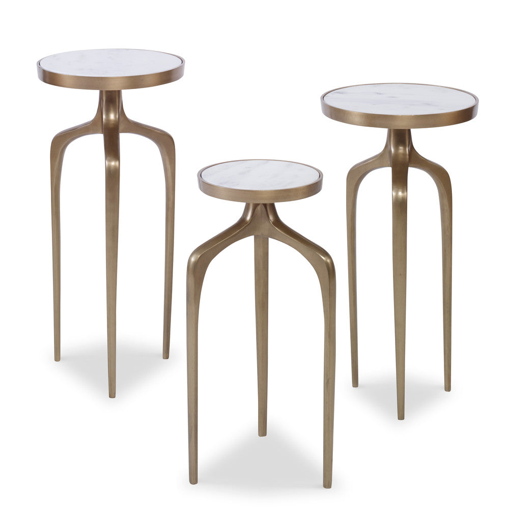 Anya Side Tables, Set Of 3 QR-20968.WHTANTBRSS.0 by CuratedKravet CuratedKravet A set of 3 antique brass metal tables, topped with white marble tabletops. Measures, Small: 8"W x 8"D x 22"H; Medium: 11"W x 11"D x 19.75"H; Large: 11"W x 11"D x 23.75"H. India DUST LIGHTLY WITH A SOFT, DRY CLOTH. </p><p>Dimensions: Length , Height , Width - Fabric Carolina -