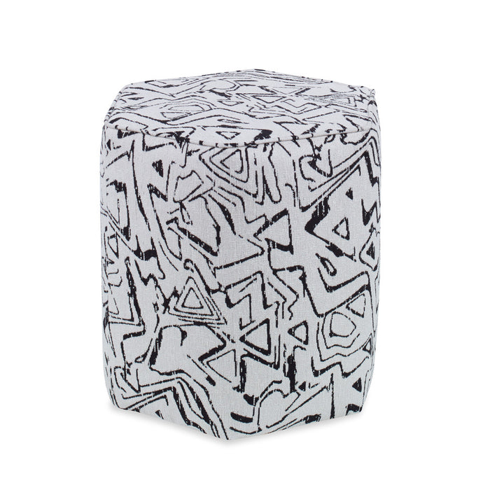 Sorel Ottoman, Black QR-21007.BLACKNAT.0 by CuratedKravet CuratedKravet A hexagonal upholstered ottoman in Kravet 34955.8. Made in the USA. United States </p><p>Dimensions: Length 17, Height 19, Width 19 - Fabric Carolina -