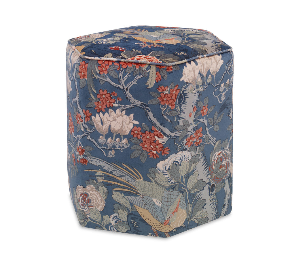 Sorel Ottoman, Rockbird Velvet QR-21007.TEALMULTI.0 by CuratedKravet CuratedKravet A hexagonal upholstered ottoman in GP&J Baker BP10815.2. Made in the USA. United States </p><p>Dimensions: Length 19, Height 19, Width 17 - Fabric Carolina -