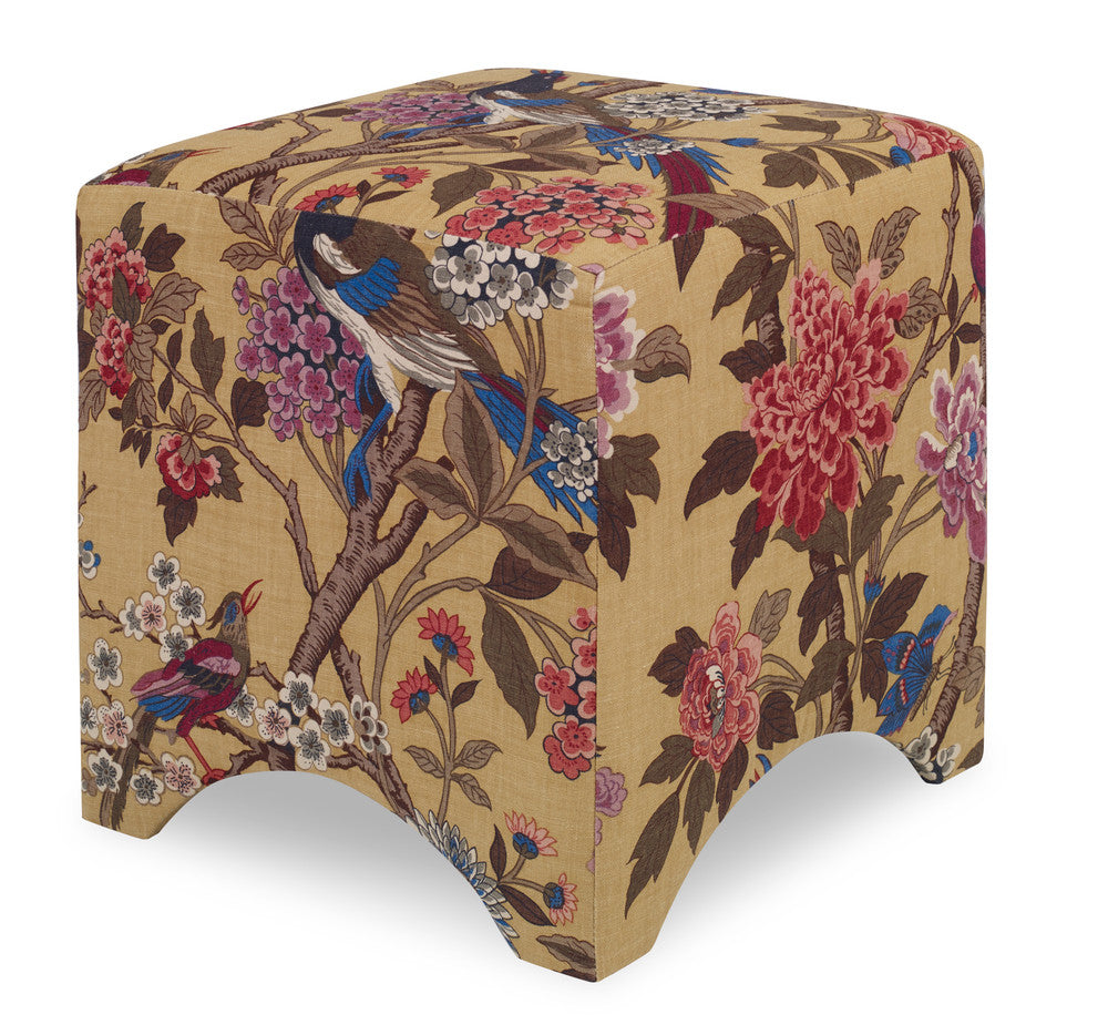 Knisely Ottoman, Hydrangea Bird QR-21011.MSTRDMVE.0 by CuratedKravet CuratedKravet An upholstered cube-shaped ottoman with arched details in Lee Jofa R1355.1. Made in the USA. United States </p><p>Dimensions: Length 19, Height 19, Width 19 - Fabric Carolina -