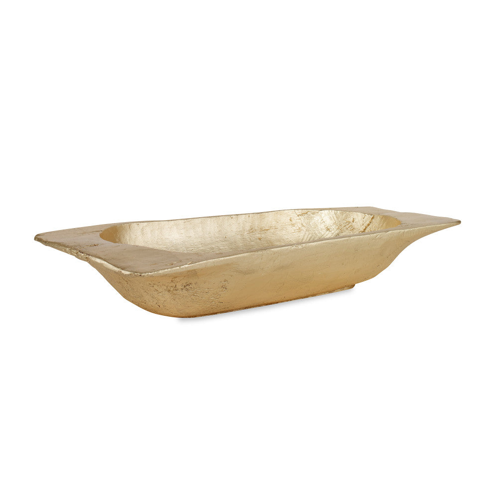 Magnolia Dough Bowl, Gold QR-21066.GOLD.0 by CuratedKravet CuratedKravet An oversized resin bowl cast from a traditional antique wooden dough bowl, finished in a metallic gold paint. The imperfections and character from the antique dough bowl are preserved in the mold and therefore transferred as beautiful texture to the resin bowl. United States </p><p>Dimensions: Length 27.5, Height 5, Width 12 Poly Resin - 100% - Fabric Carolina -