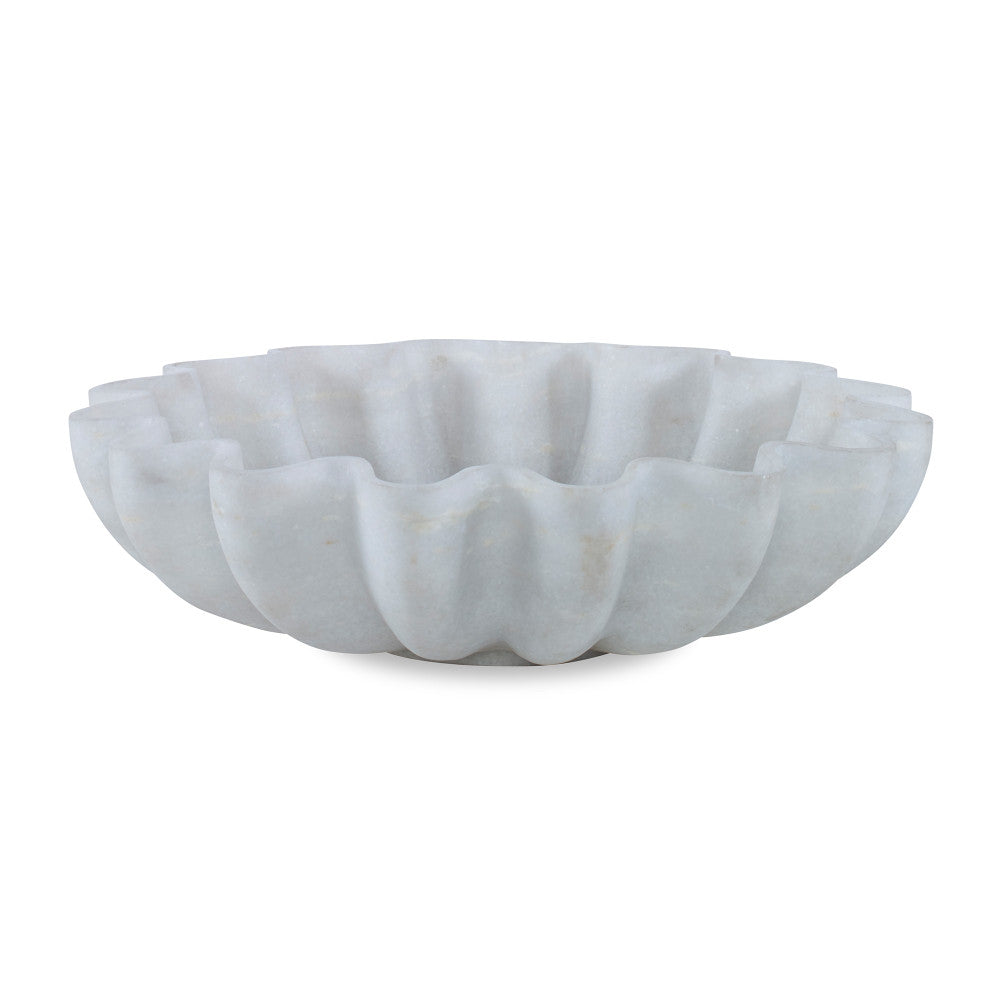 Bryant Bowl, Large QR-21091.WHITE.0 by CuratedKravet CuratedKravet A large round solid white marble bowl with scalloped edges. Due to the natural material, variation is to be expected. India </p><p>Dimensions: Length 18, Height 5, Width 18 Marble - 100% - Fabric Carolina -
