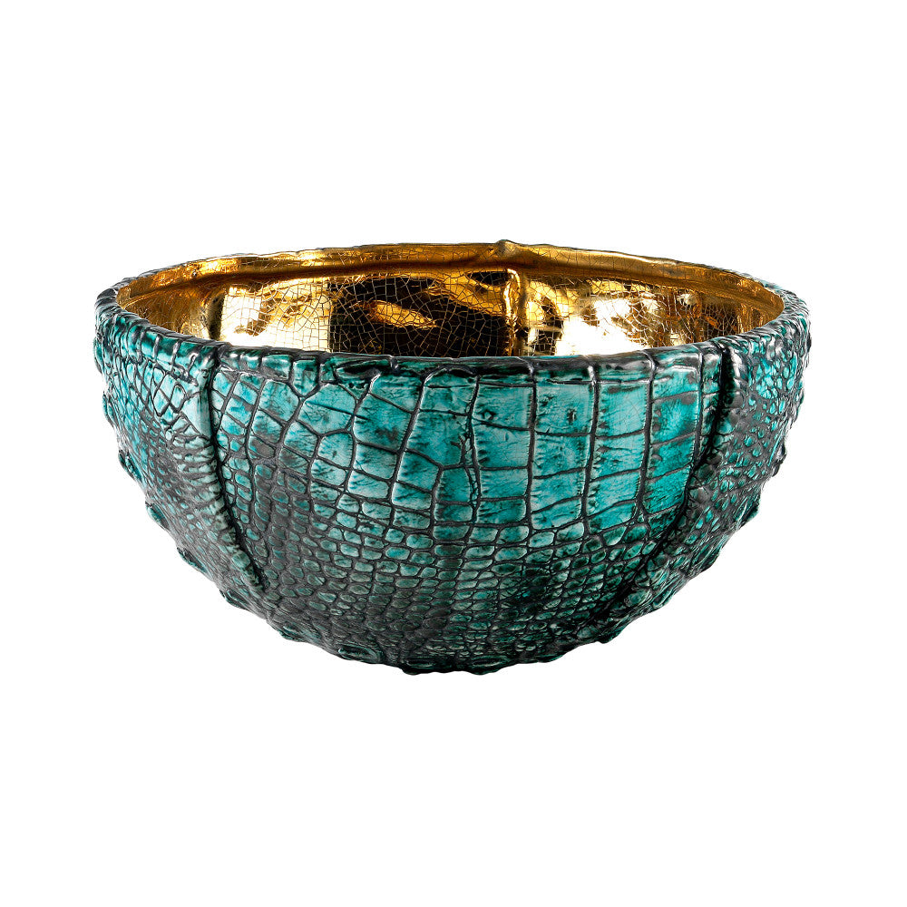Rosa Bowl QR-21117.TURQGOLD.0 by CuratedKravet CuratedKravet A crocodile textured bowl in a bright turquoise color. Detailed with a gold interior. Due to the handmade nature of this bowl, variation is to be expected. Italy </p><p>Dimensions: Length 13.5, Height 7, Width 13.5 Ceramic - 100% - Fabric Carolina -