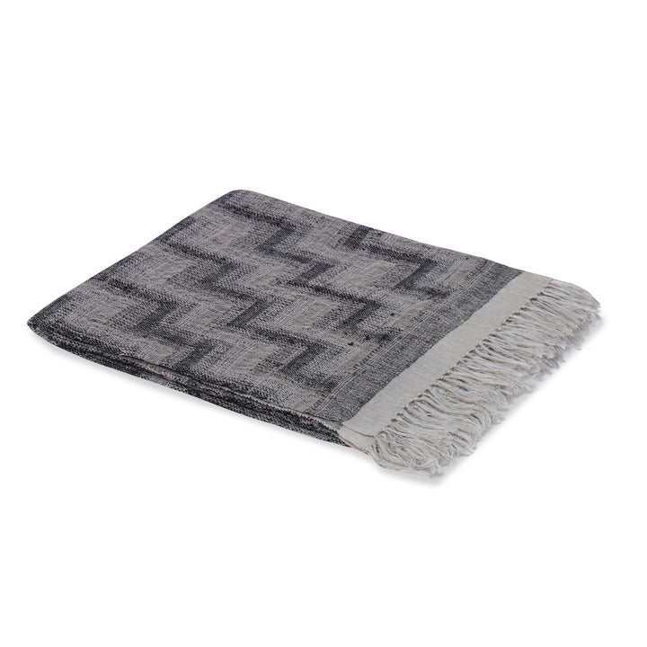 Tryon Linen/Silk Throw QR-21184.GRYBLK.0 by CuratedKravet CuratedKravet A silk and linen blend throw blanket hand woven in India. Due to the handmade nature and the use of natural silk and linen, slight variations in pattern and color are possible. India </p><p>Dimensions: Length 68, Height 52, Width Linen - 60%, Silk - 40% - Fabric Carolina -