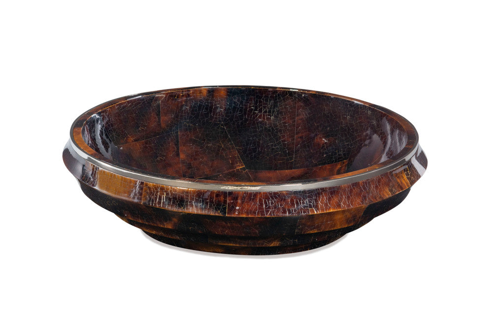 Corps Bowl QR-21191.BRWNSHELL.0 by CuratedKravet CuratedKravet Cracked brown ribbed penshell bowl with stainless tell rim. Philippines </p><p>Dimensions: Length 16, Height 4.75, Width 16 - Fabric Carolina -