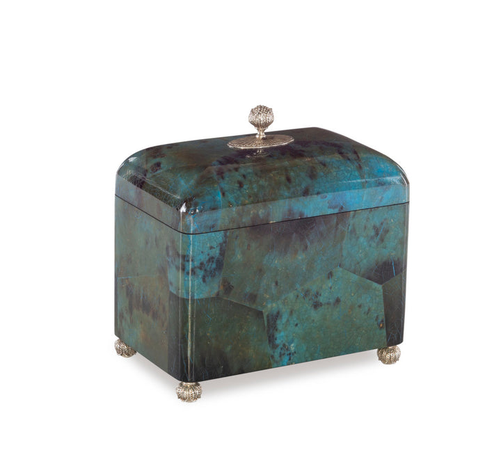 Bennigan Shell Box QR-21193.GRNTGR.0 by CuratedKravet CuratedKravet Green tiger penshell box with silver plated ball feet and flower ball top. Philippines </p><p>Dimensions: Length 7, Height 7, Width 4.5 - Fabric Carolina -
