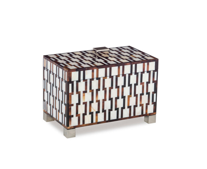 Stoff Shell Box QR-21194.NTRLBRWN.0 by CuratedKravet CuratedKravet Pen and kabibie shell box with hand applied chain pattern. Nickel plated feet and top handle. Philippines </p><p>Dimensions: Length 8.5, Height 6.5, Width 5 - Fabric Carolina -