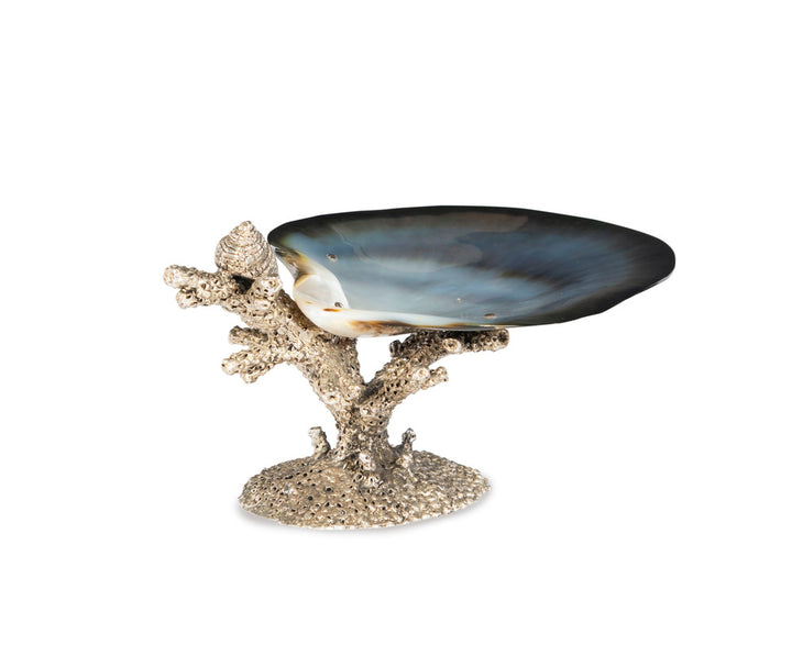 Oswell Shell Dish QR-21195.BLKMOP.0 by CuratedKravet CuratedKravet Black mother of pearl shell with silver plated coral accent stand. Philippines </p><p>Dimensions: Length 6.25, Height 3, Width 4.75 - Fabric Carolina -