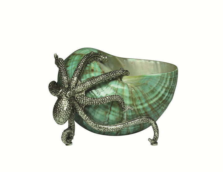 Brindle Shell Object QR-21201.SLVRJADE.0 by CuratedKravet CuratedKravet Silver plated octopus sculpture with jade turbo shell. Philippines </p><p>Dimensions: Length 4.25, Height 2.25, Width 3.5 - Fabric Carolina -