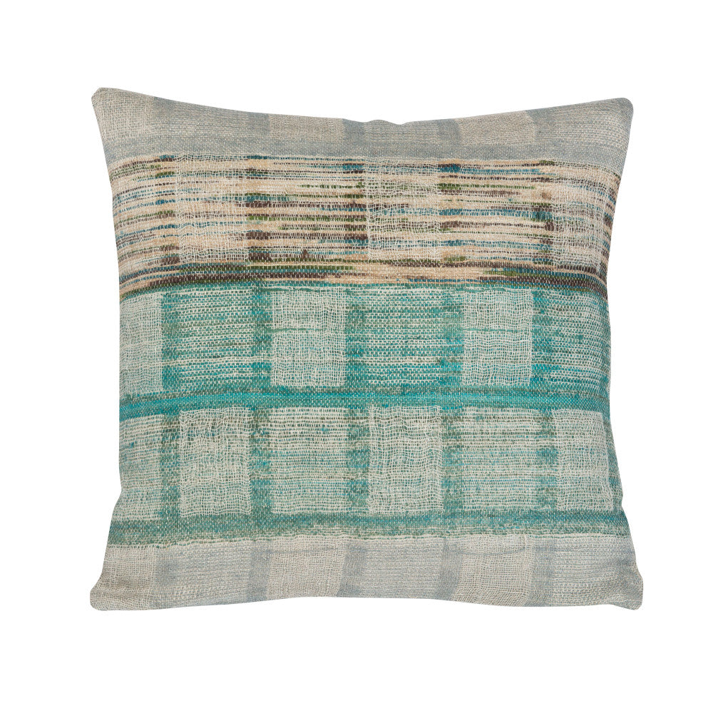Luella Pillow QR-21302.NTRLTURQ.0 by CuratedKravet CuratedKravet Measures 18"H X 18"L. A decorative accent pillow made of linen and silk, woven in India. Includes a 95/5 feather/down insert. India </p><p>Dimensions: Length 18, Height 18, Width Linen - 50%, Silk - 50% - Fabric Carolina -