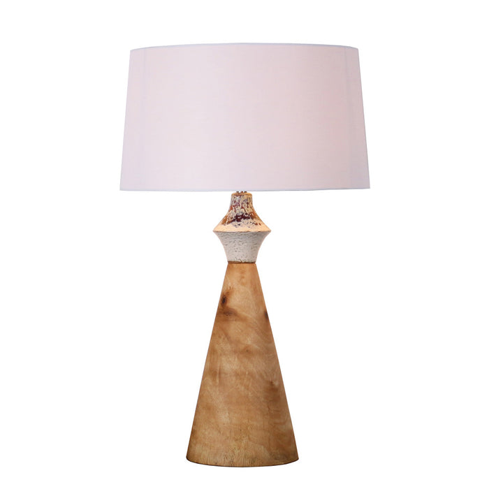 Dawson Table Lamp QR-21380.NATWHITE.0 by CuratedKravet CuratedKravet A natural mango wood table lamp detailed with a ceramic detail near the neck of the lamp. Topped with a white cotton shade. Due to the natural material and the handmade nature of this product, variation in color is to be expected. Thailand </p><p>Dimensions: Length 17.75, Height 29.5, Width 17.75 Wood - 80%, Cotton - 15%, Metal - 5% - Fabric Carolina -