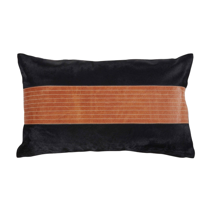 Sierra Hair On Hide Pillow QR-21414.BLKTAN.0 by CuratedKravet CuratedKravet Measures 12"H X 20"L. A decorative accent pillow made of hair on hide with added strips of tan leather for contrast. Backed with cotton. Includes a 95/5 feather/down insert. India DRY CLEAN ONLY. </p><p>Dimensions: Length 20, Height 12, Width Cotton - 50%, Cow Hide - 40%, Leather - 10% - Fabric Carolina -