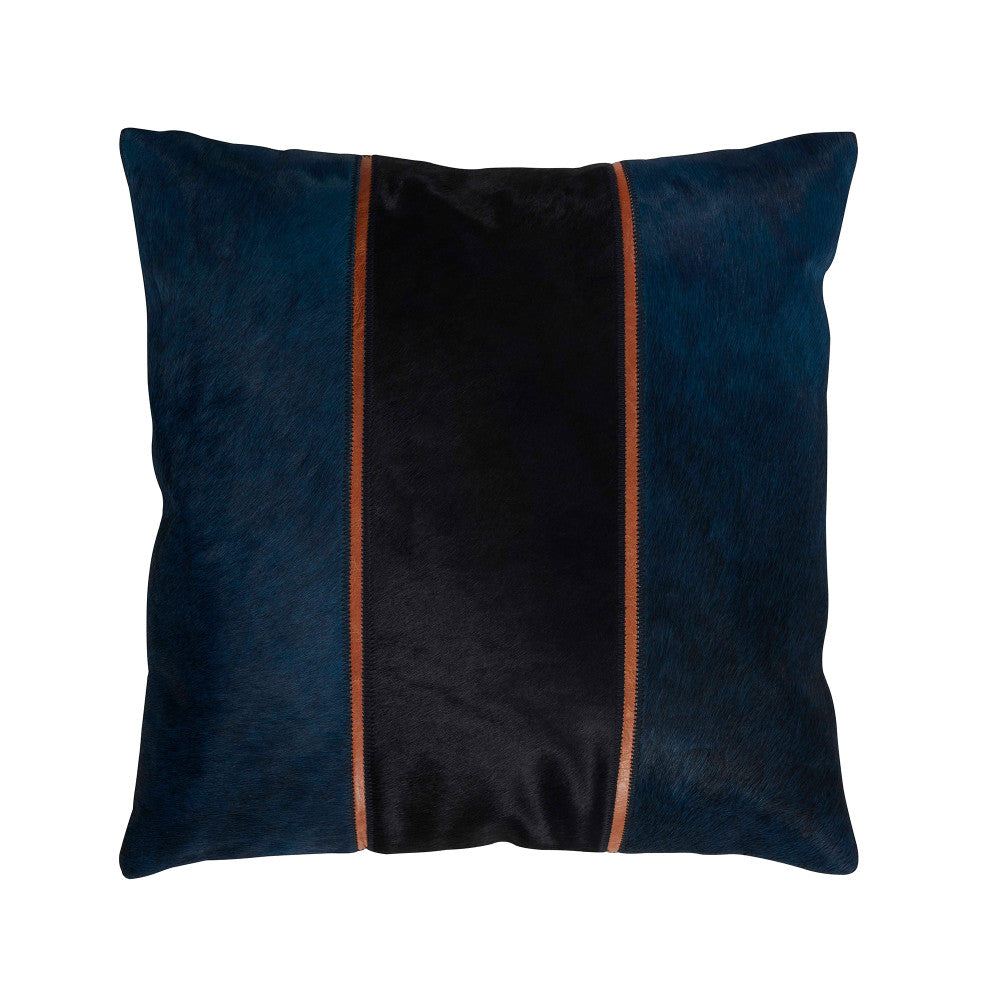 Miretta Hair On Hide Pillow QR-21415.BLUETAN.0 by CuratedKravet CuratedKravet Measures 20"H X 20"L. A decorative accent pillow made of hair on hide with added strips of tan leather for contrast. Backed with cotton. Includes a 95/5 feather/down insert. India DRY CLEAN ONLY. </p><p>Dimensions: Length 20, Height 20, Width Cotton - 50%, Cow Hide - 40%, Leather - 10% - Fabric Carolina -